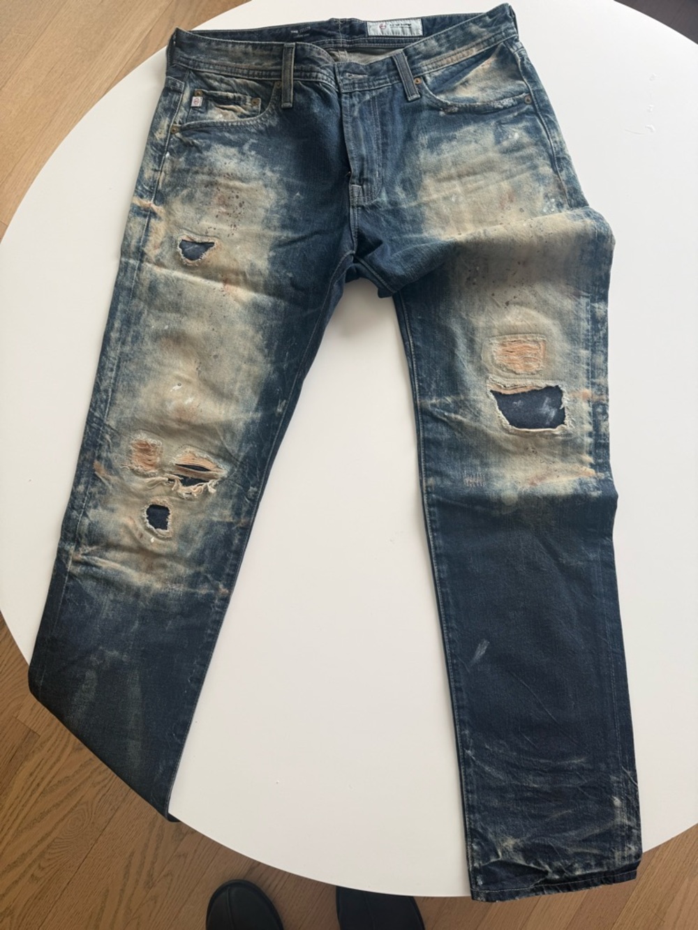 Ag Adriano Goldschmied Distressed Blue Washed Slim Straight Jeans